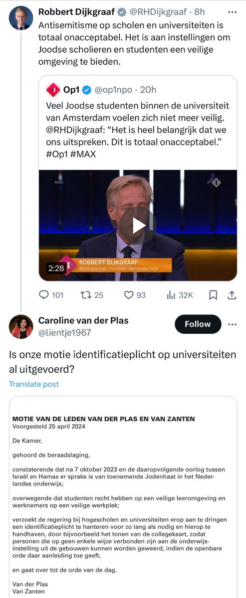 Minister @RHDijkgraaf “Antisemitisme op scholen en universiteiten is totaal onacceptabel” Reactie Caroline -die een kabinet wil met de anti-democratische, extreemrechtse PVV - van der Plas: “Is onze motie identificatieplicht op universiteiten al uitgevoerd?”