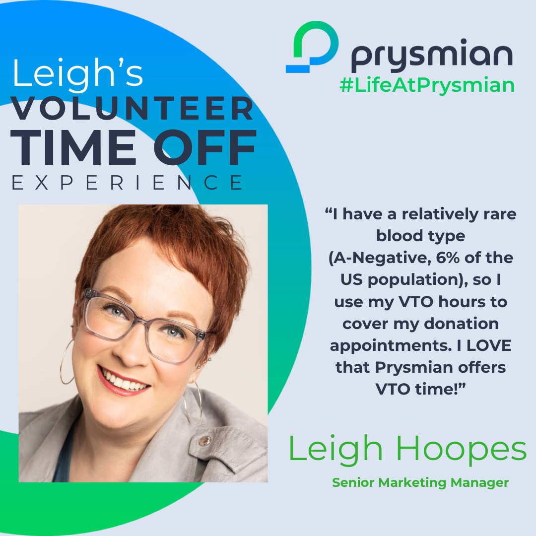 At Prysmian, we are proud of our people and the communities we serve. Our employees use paid volunteer time off (VTO) to participate in charitable work that supports, serves, or enriches their community. Leigh Hoopes, Sr. Marketing Manager, uses her VTO hours to donate blood. To…