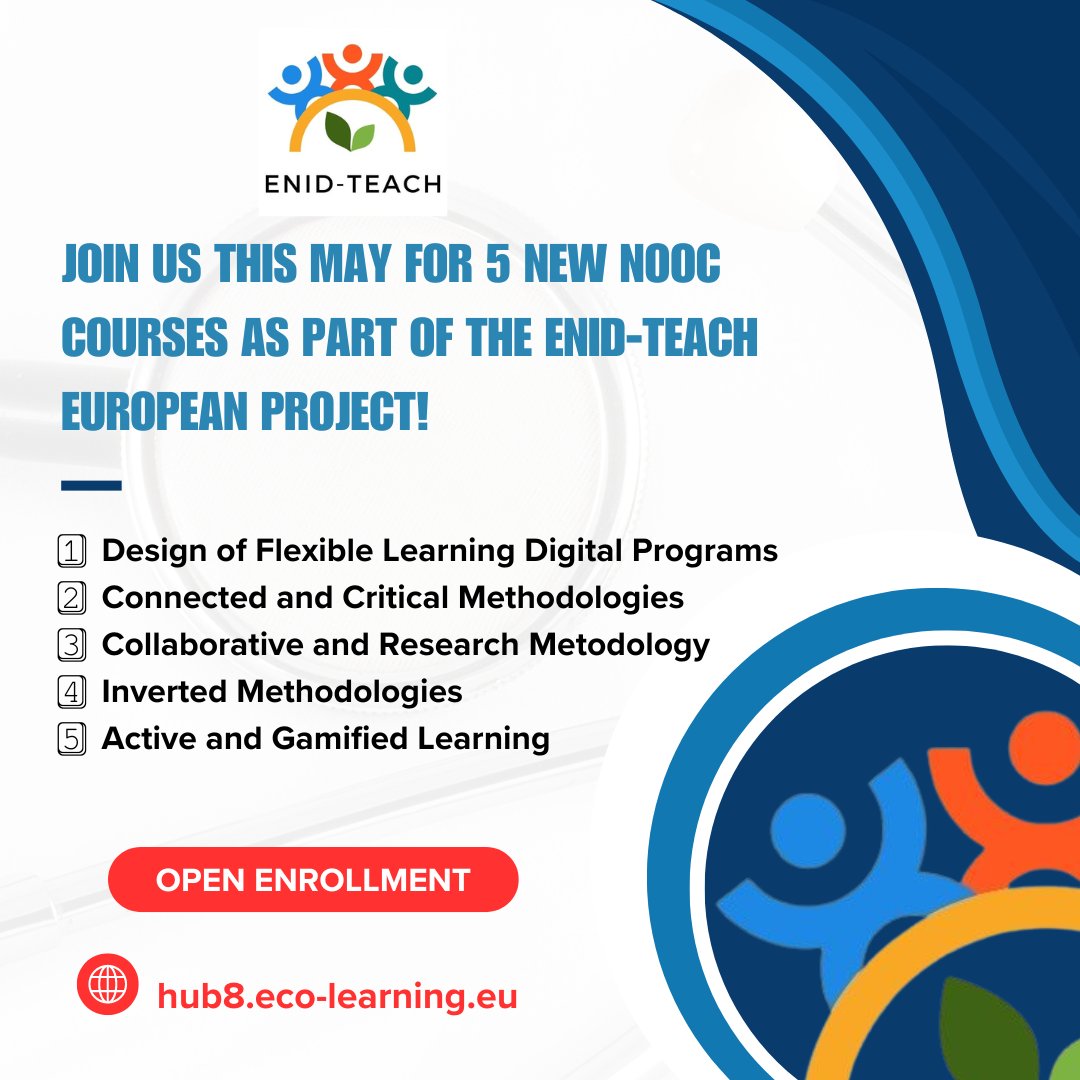 🌟 Exciting News! 🌟 Join us this May for 5 new #NOOC courses as part of the ENID-TEACH European project! 🚀
Don't miss out on these amazing learning opportunities!
Enroll now at hub8.eco-learning.eu and take your skills to the next level. 🌍💡 

#NOOCCourses #LifelongLearning