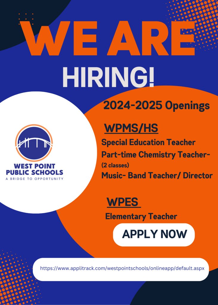 We are hiring! To apply, click on the link below.
applitrack.com/westpointschoo…