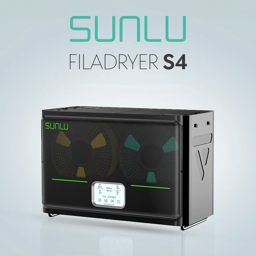 With space for 4 spools (1kg), fast heating with a 330 watt PTC heater that reaches a temperature of max 70C and a triple fan system, the Filadryer S4 ensures efficient drying of sensitive filament. ⚡ Find out more: tinyurl.com/4e99c733 ⚡