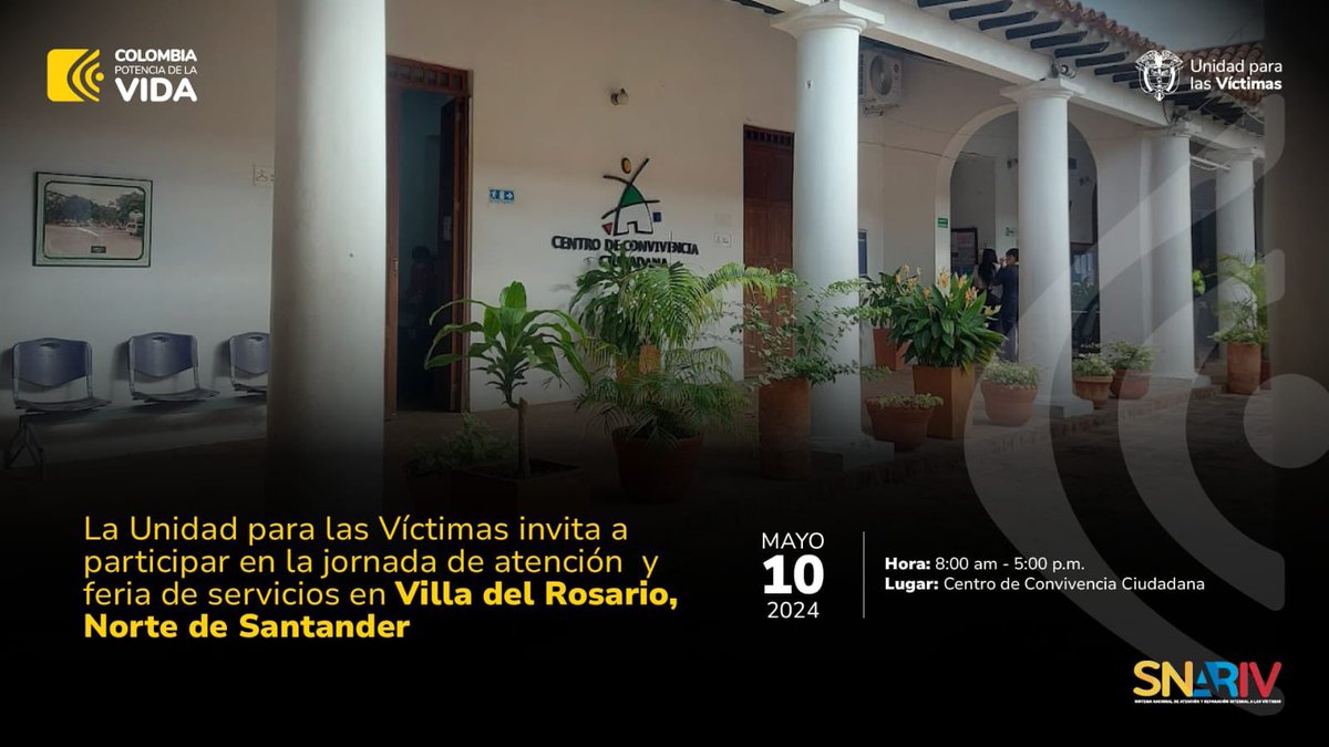 📷| La @UnidadVictimas y la alcaldía de Villa del Rosario #NorteDeSantander, invitan a la jornada de atención integral y feria de servicios a realizarse en el casco urbano del municipio. 🗓️ 10 de mayo de 2024 ⏰ 8:00 a.m. - 5:00 p.m. 📍Centro de Convivencia Ciudadana