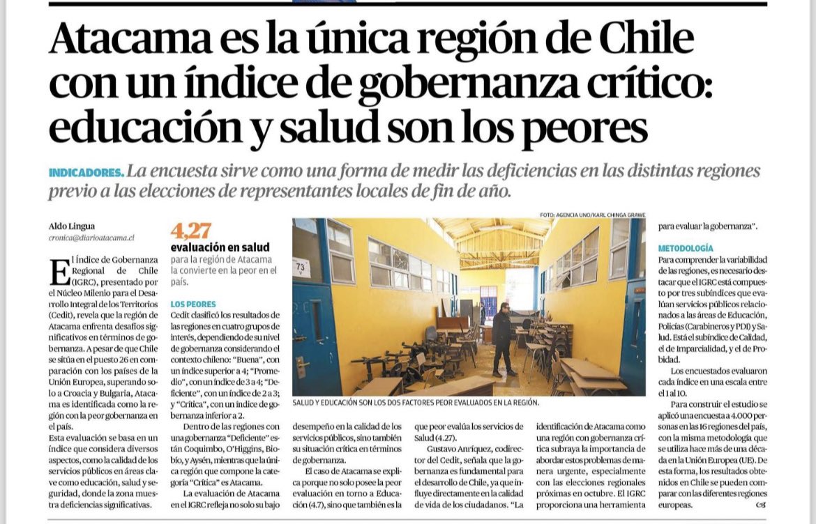 El último Índice de Gobernanza Regional muestra que Atacama enfrenta graves desafíos en educación y salud, ubicándonos en la posición más crítica del país. Esto requiere acción inmediata. ¿Hasta cuándo Atacama debe soportar la ineficacia del Gobierno?
