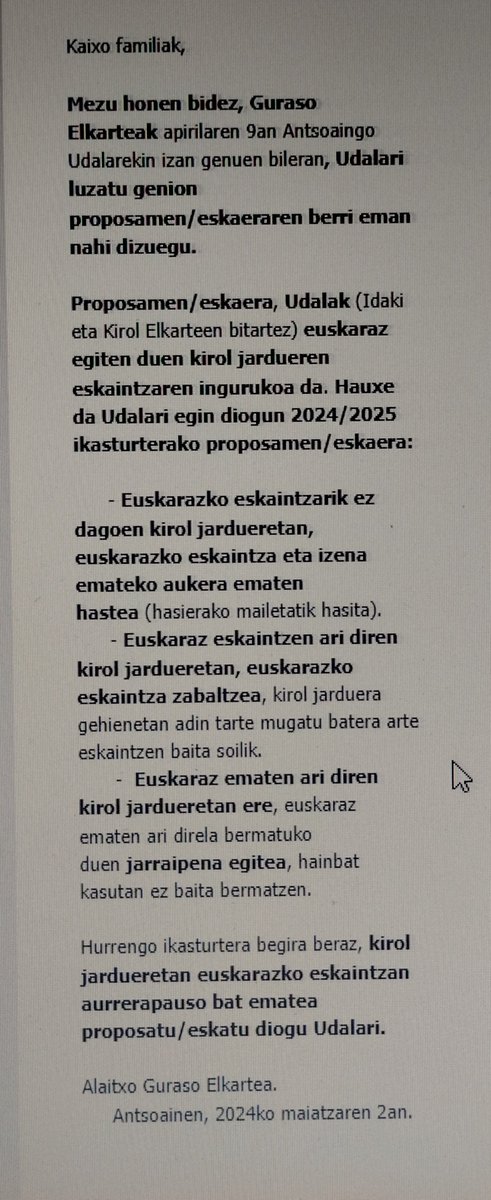 "KIROLA EUSKARAZ", Guraso Elkarteak <a href="/AntsoainAnsoain/">AytoAnsoáin/Antsoain</a> go Udalari luzatu dion proposamen-eskaera: