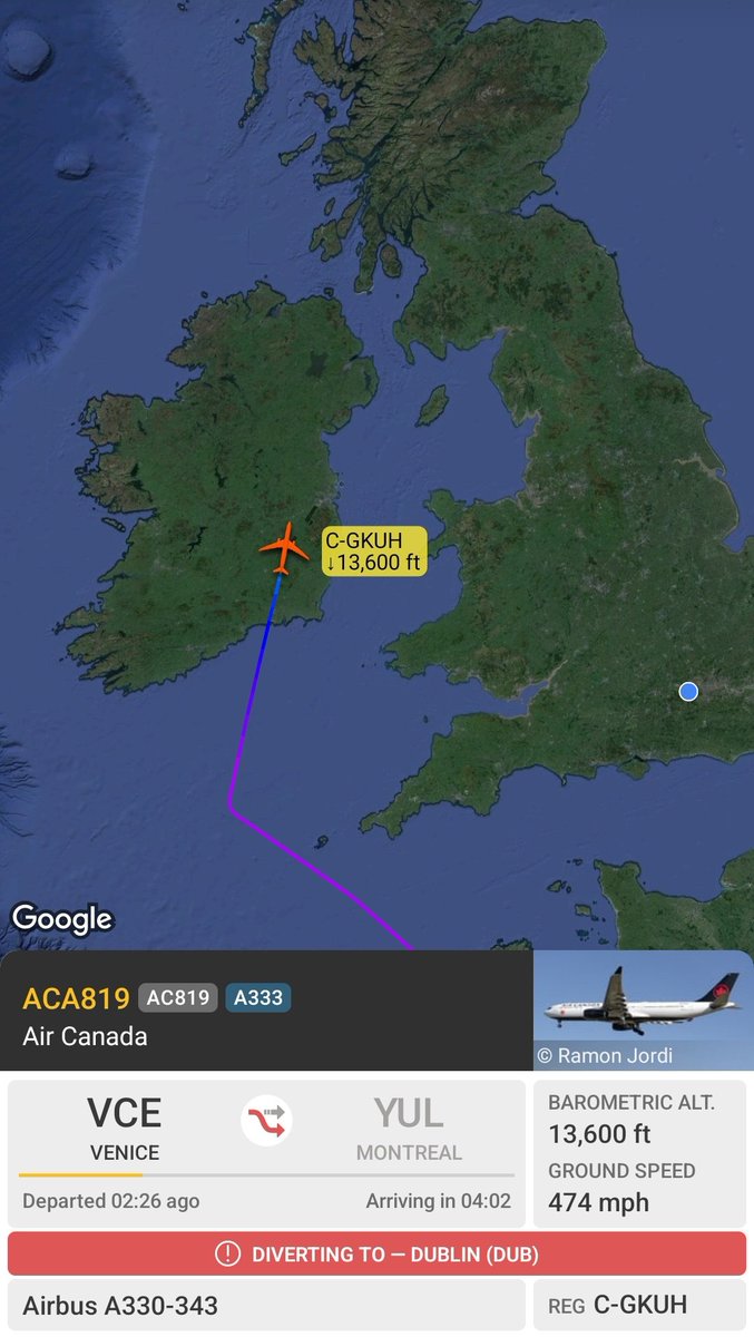 The @AirCanada flight #AC819 / #ACA819 from Venice to Montreal is diverting to Dublin