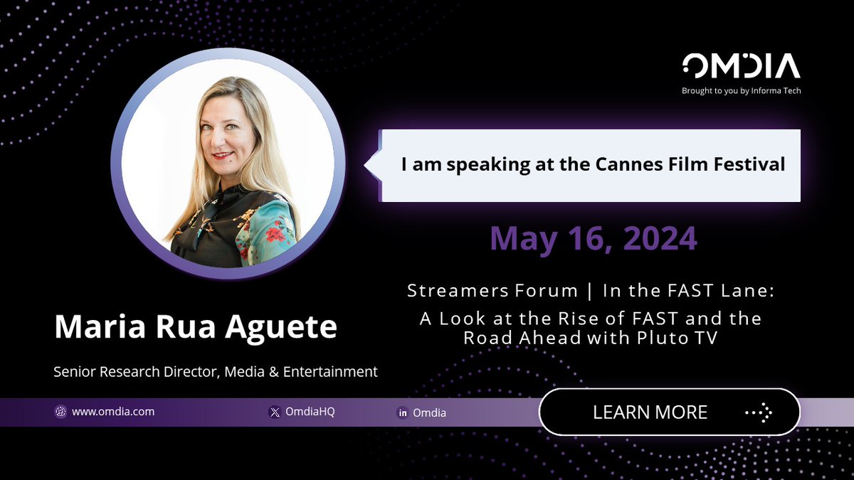 #Omdia's @maria_aguete will be speaking at this year’s #Cannes Film Festival! In celebrating 10 year’s of @PlutoTV, she will provide insights and a deep-dive into the evolution and future of #FAST. Find out more and join the conversation here: marchedufilm.com/schedule/?lect…