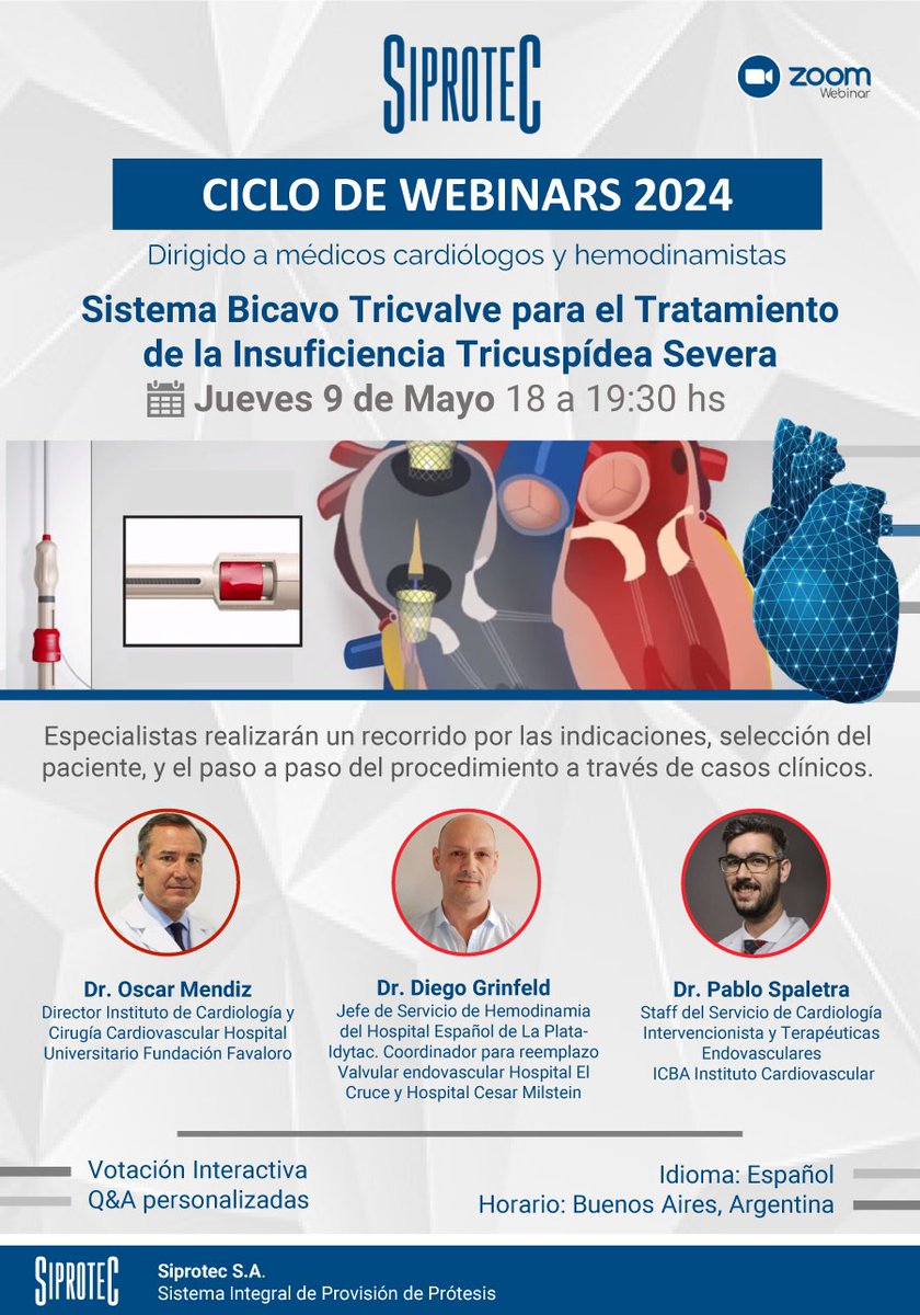 📢 ULTIMO LLAMADO! Webinar: Sistema Bicavo #TricValve para el Tratamiento de la Insuficiencia Tricuspídea Severa 📆Jueves 9 de Mayo 🕑18hs 🖥️ Modalidad virtual - Vía Zoom Para inscribirse: us06web.zoom.us/webinar/regist… ¡Los esperamos!