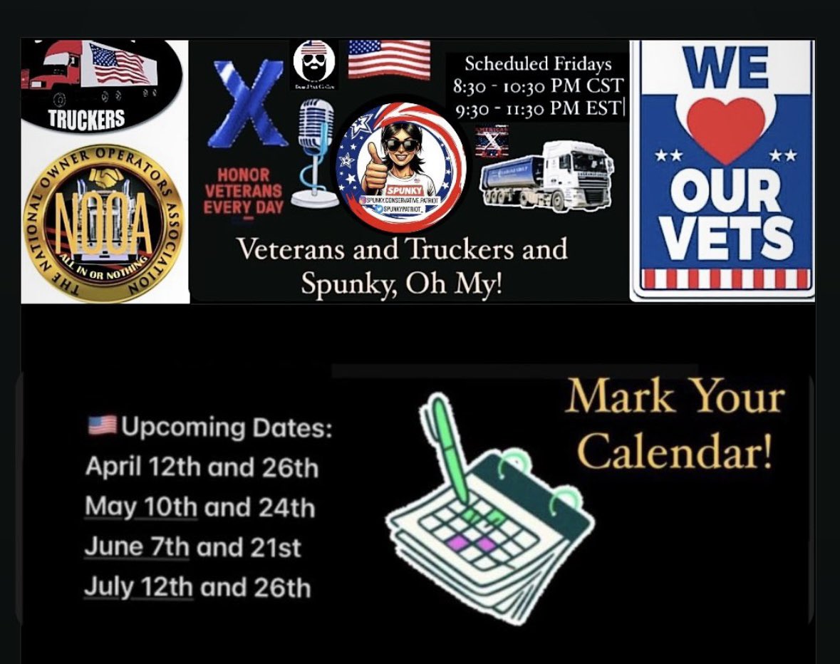 @LoneSomeCedar Please mark your calendars 🗓️, turn on notifications🛎️ and stay updated about this space and others hosted by Spunky @SpunkyPatriot_ . #VeteransAndTruckersAndSpunkyOhMy