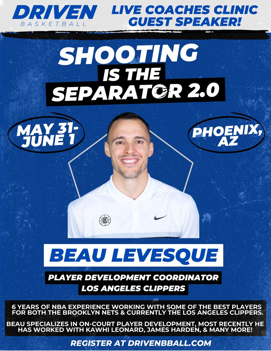 I am super pumped to announce @BeauLevesque15 as our guest speaker at my upcoming Shooting is the Separator coaching clinic! Beau is currently the Player Development Coordinator for the @LAClippers 🏀 Get signed up now! You don't want to miss this one! drivenbball.myshopify.com/products/shoot…