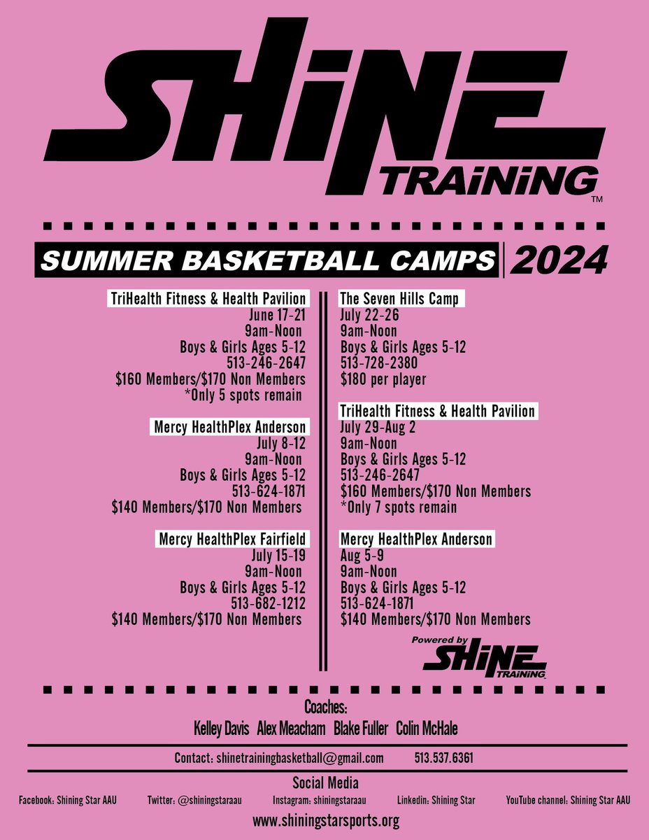 Here are some dates for our upcoming summer basketball camps🏀

Limited spots so be sure to reach out soon if interested!⭐️

#SHINE
