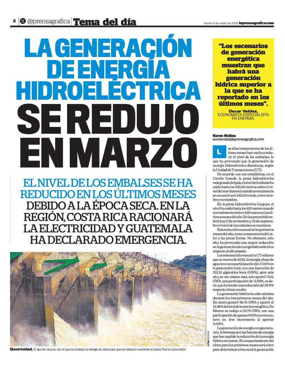 daalvarezc's tweet photo. Siempre la @prensagrafica mintiéndole a los salvadoreños. 

Actualmente los niveles de los embalses se encuentran en condiciones óptimas para la época; es más, hemos restringido las exportaciones de energía para cuidar el recurso y evitar situaciones criticas.

Su mala intención es tan grande, que tomaron datos de marzo, cuando hoy es mayo, con condiciones completamente diferentes por las medidas que hemos tomado con TODO el sector eléctrico.

¡Sigue! 👇🏻