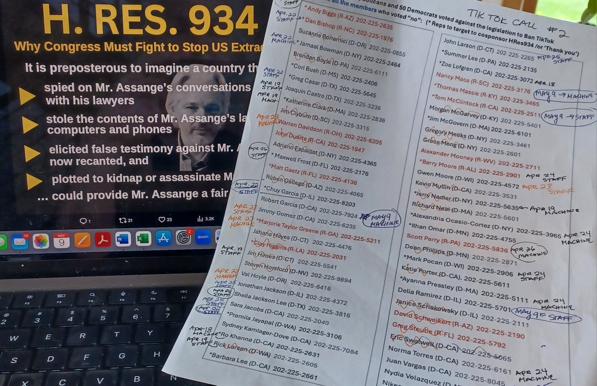 May 9: called 5 reps to cosponsor #HRes934 #FreeJulianAssangeNOW Lft 2 messages, spoke w/ 3 staffers. @RepRobertGarcia @RepNancyMace @RepMcClintock @repdeliaramirez @NydiaVelazquez Ongoing persecution of Julian deserves our *ongoing* calls to #Congress! #5CallsPerDay4Assange