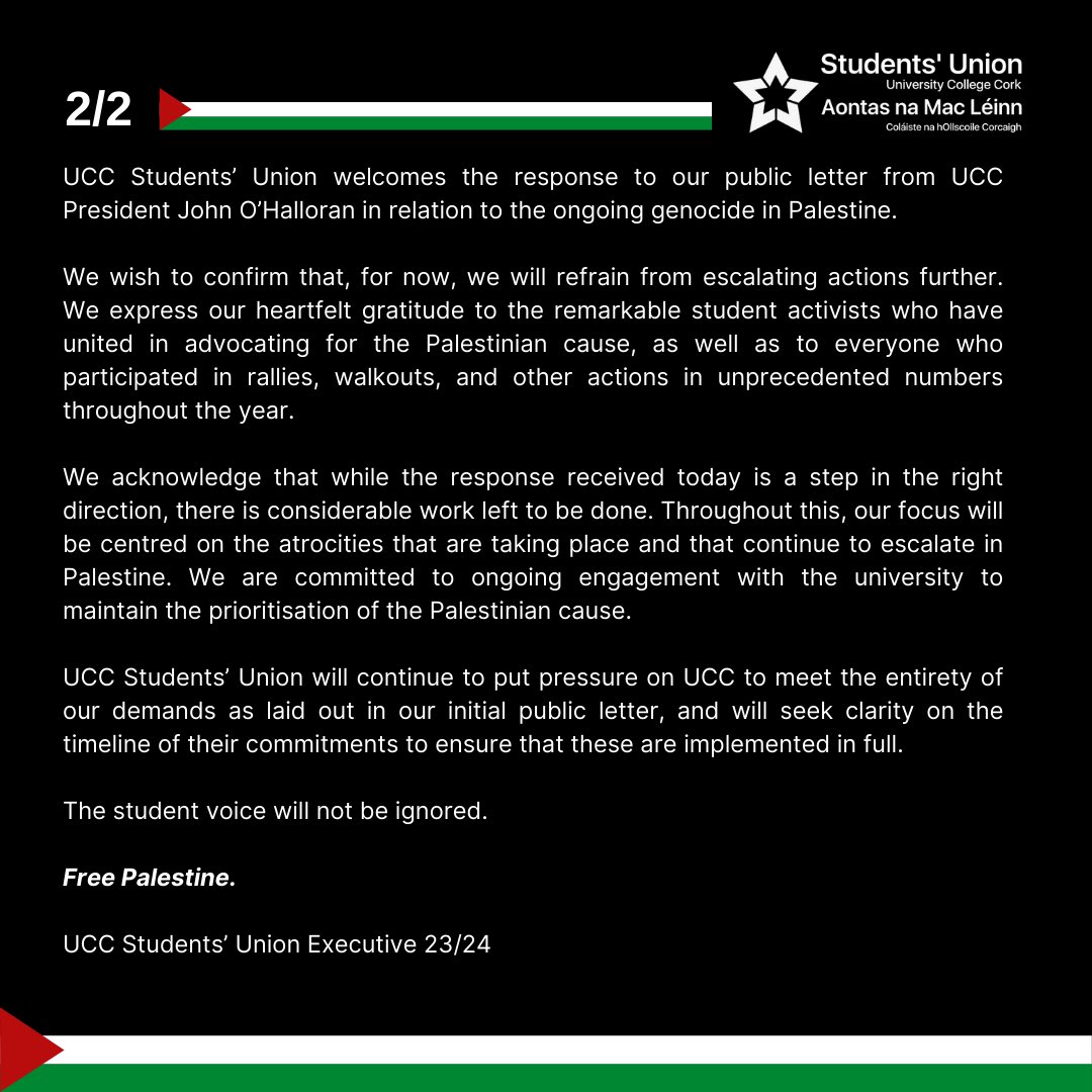 UCC responds to UCC Students’ Union Public Letter on Palestine 🇵🇸 A step in the right direction with a lot of work to follow. Free Palestine.