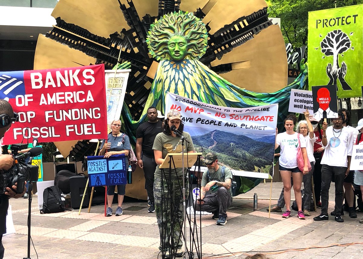 Despite the dangers it poses, the Mountain Valley Pipeline is being built WITHOUT the consent of impacted communities. Yesterday, activists took to streets of Charlotte, NC to call out @BankofAmerica for its financing of this human rights atrocity. #DefundMVP @POWHR_Coalition