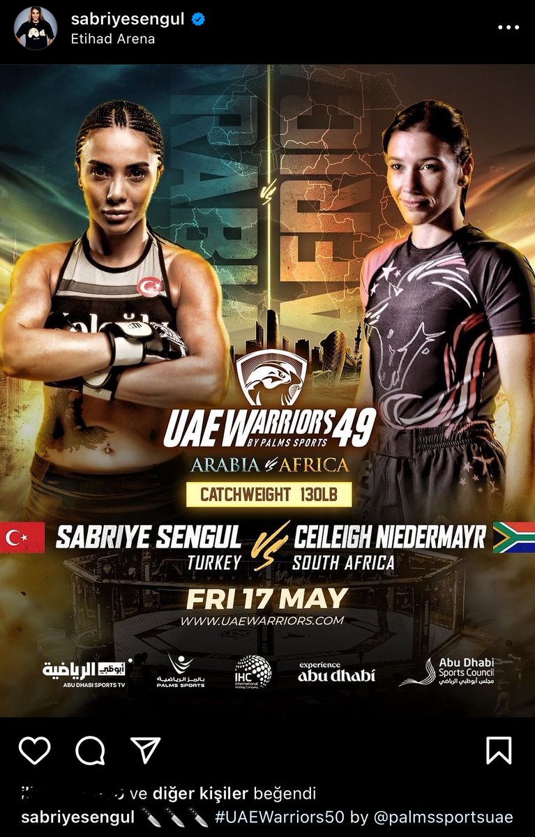 🇹🇷Dövüşçümüz Sabriye Şengül 17 Mayıs’ta #UAEW49 kartında dövüşecek. 

Yes MMA, no kickboxing.🥊