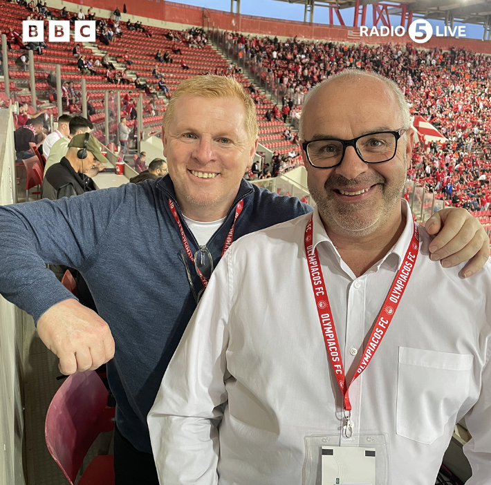 In position! 🎙️ Join @Iandennisbbc and Neil Lennon for the second leg between Olympiakos and Aston Villa. 📻 bbc.co.uk/5live #UECL #BBCFootball