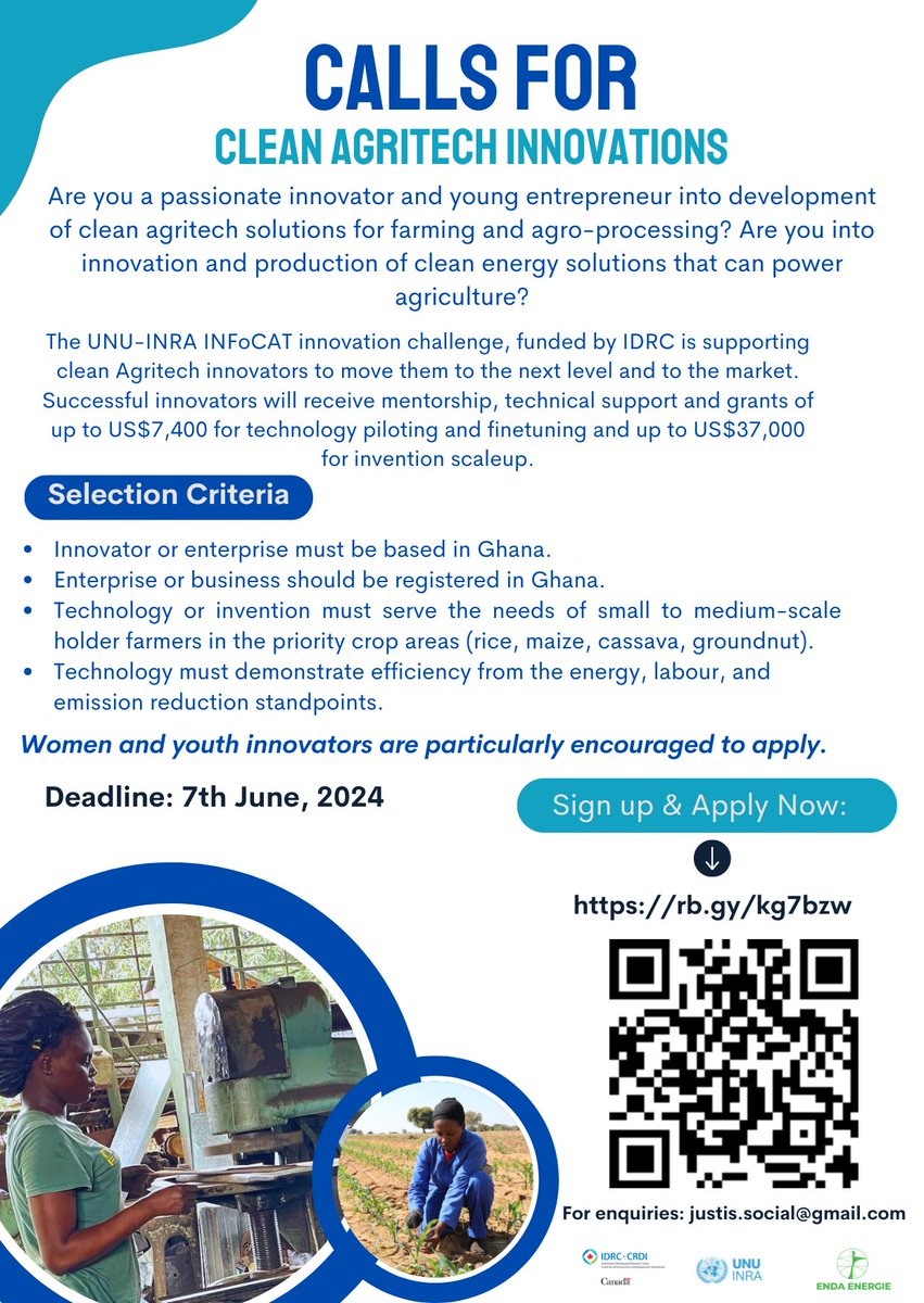 Are you a young clean agritech innovator, passionate about helping smallholder farmers in🇬🇭? Then respond to the @UNUINRA INFoCAT innovation challenge to receive mentorship, technical support & grants for your innovation. Apply by 7 June 2024. Learn more👉bit.ly/4aci3tV