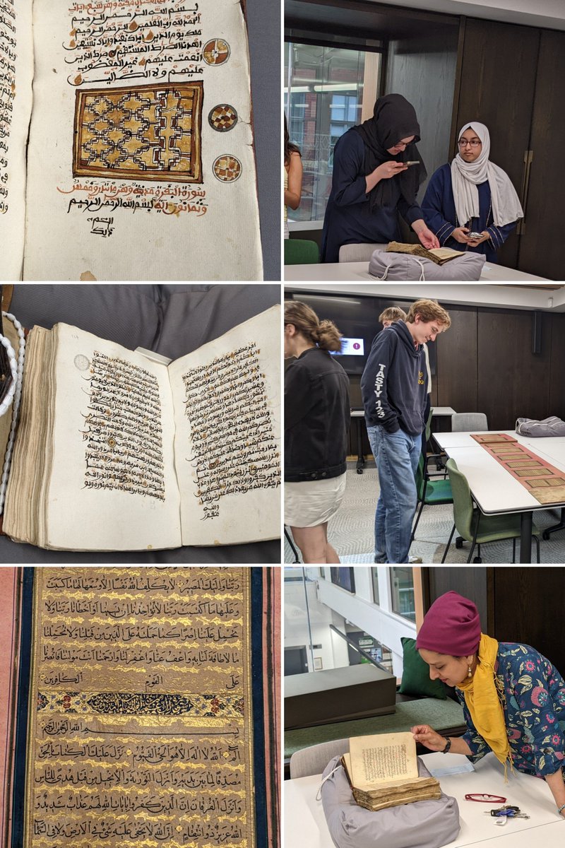 A group of students from our Islamic History cohort, studying with @FoziaBora, examined & handled some fascinating Arabic manuscripts on Qur'an & Hadith in Special Collections at Leeds yesterday! They enjoyed seeing variations in scripts, styles, colours, bindings and marginalia