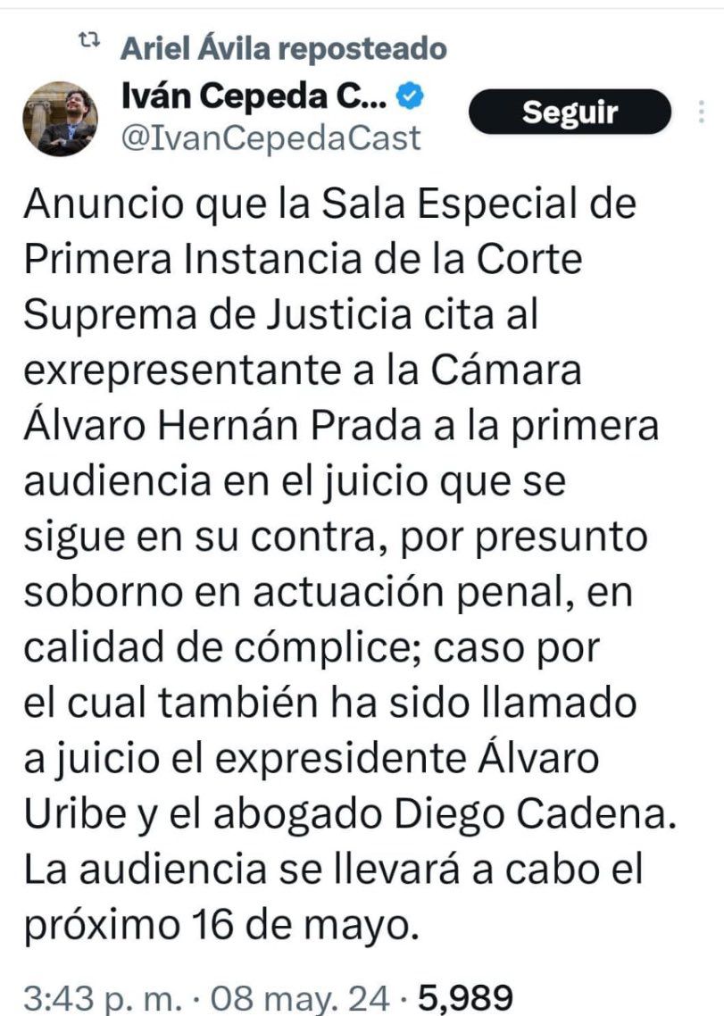 Alerta @SofyCasas_ por la evidente filtración de información que alguien en la @CorteSupremaJ le está haciendo a Iván Cepeda. Antes eran los del cartel de la Toga. ¿Hoy, quién?