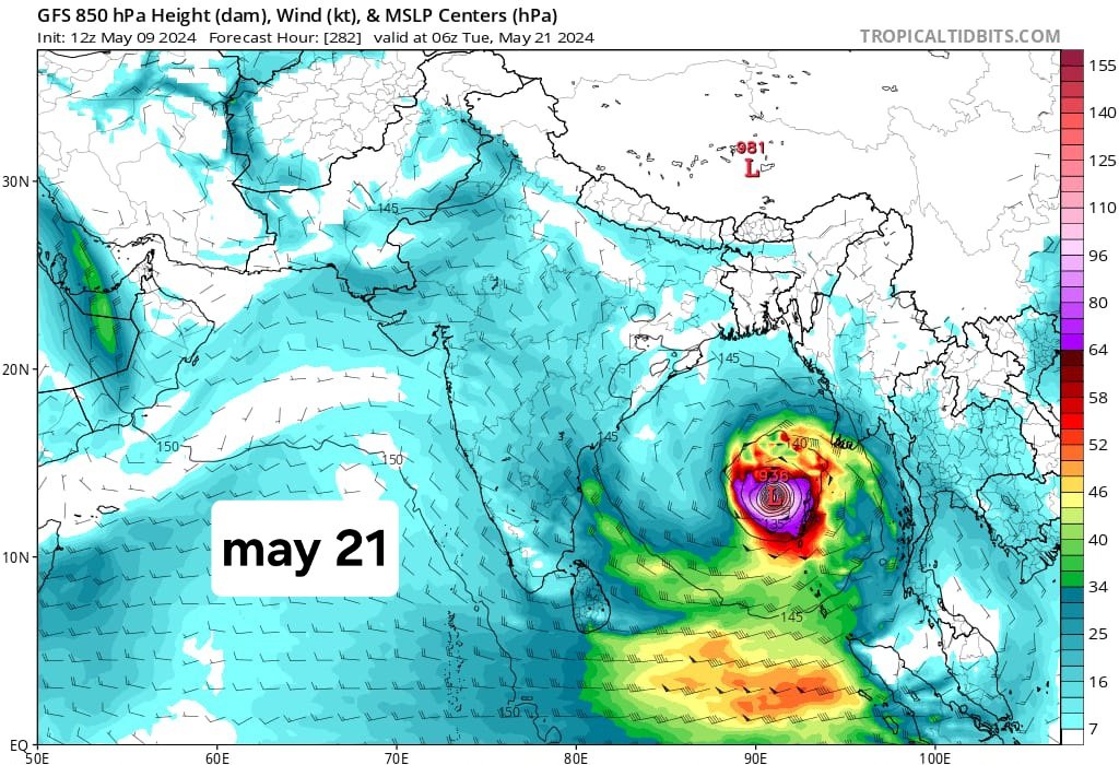 pradhyu78651514's tweet photo. Breaking: A major category 3/4 cyclone will be going to formed in Bay of Bengal between 19-20 may. Landfall will be around 23 May [+-2 days]. Landfall  chances is between Odisha-West Bengal. It will be named as #Rumal 🚨🌪⛈️⛈️⛈️

#Cyclone #Rain #RCBvsPBKS #ViratKohli𓃵 #Ipl https://t.co/xWgoycQBTP
