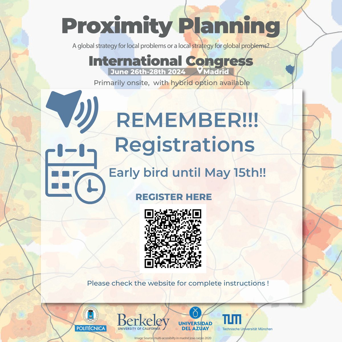 🔊 REMEMBER!! registrations for the Proximity Planning International Congress 2024 are open! Early bird until may 15th!
📢RECUERDA!! Las inscripciones para el Congreso Internacional de Planificación de Proximidad 2024 están abiertas! Inscripción con descuento hasta el 15 de mayo!