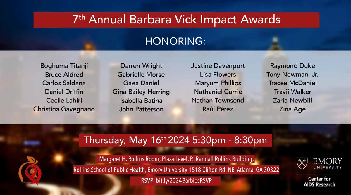 1⃣ WEEK AWAY! RSVP now to join the #EmoryCFAR Community Liaison Council on 5/16 at @EmoryRollins for 7th Annual Barbara Vick Impact Awards (#Barbies2024). Don't miss this reception & ceremony celebrating 24 unsung heroes in the Metro-Atlanta #HIV response: bit.ly/2024BarbiesRSVP