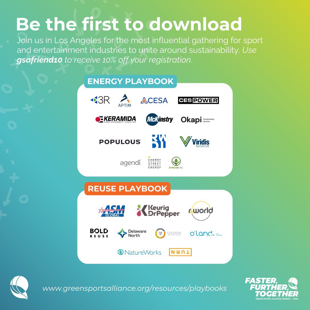 Two playbooks on reuse & energy will be unveiled June 11-13 at 2024 Green Sports Alliance Summit in Los Angeles, CA presented by @AEGworldwide. 🌱💡 🌐 Sign up to be the first to receive this playbook at greensportsalliance.org/summit #GreenSportsAlliance #SportSustainability