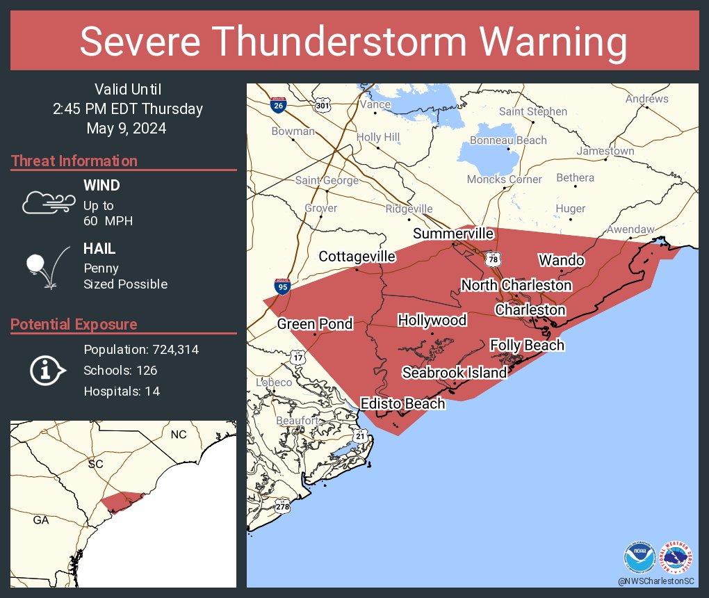 Severe Thunderstorm Warning including Charleston SC, North Charleston SC and Mount Pleasant SC until 2:45 PM EDT