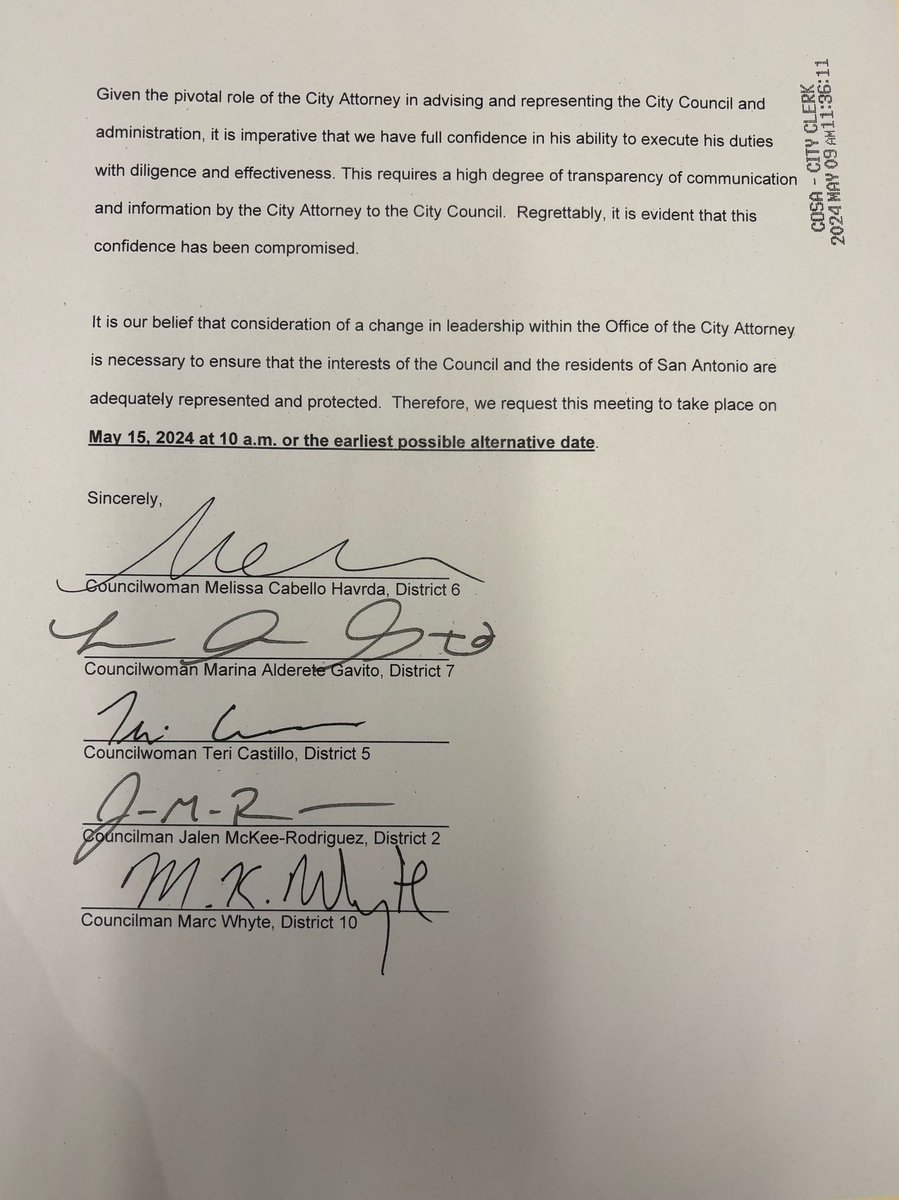 #DEVELOPING: 5 San Antonio City Council members have filed a memo to discuss the suitability of City Attorney Andy Segovia. This comes 1 day after a memo by the same 5 was filed asking for an exec session meeting to discuss firefighter contracts. + Press conference expected at 3