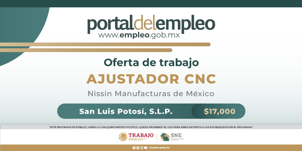 📢 #BolsaDeTrabajo 👤 Ajustador CNC en Nissin Manufacturas de Mexico. 📍Para trabajar en #SanLuisPotosí. 💰17,000.00. Detalles y postulación en: 🔗 goo.su/PiXuz 📨 elizabeth-azua@nissin-mfg.com.mx #Trabajo #Empleo #SNE #PortalDelEmpleo