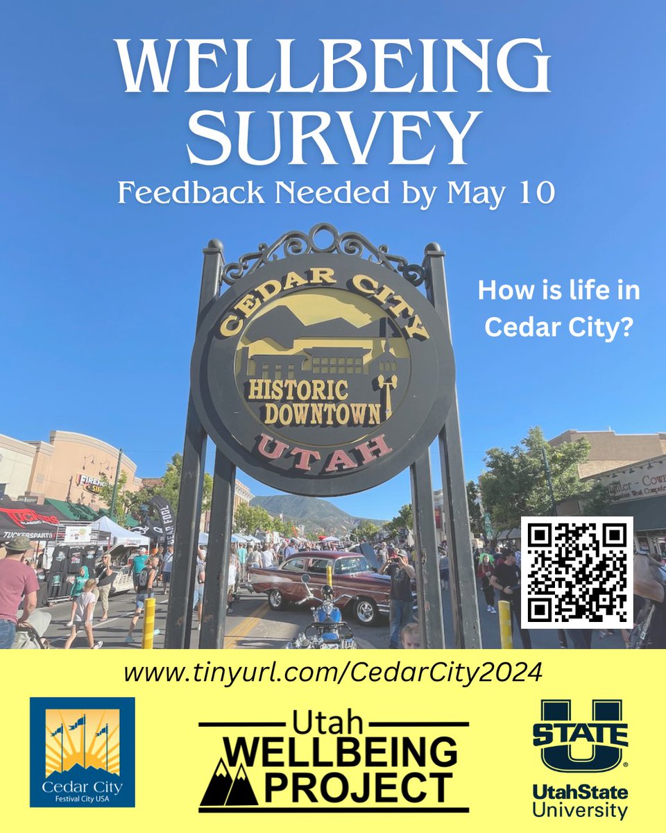 Cedar City, Utah (@cedarcityutah) on Twitter photo ONE DAY LEFT!
Your Voice Matters: How is life in Cedar City?
Cedar City has joined USUβs Utah Wellbeing Project to conduct a public wellbeing survey & your input is needed! SURVEY: tinyurl.com/CedarCity2024
For more info, contact courtney.flint@usu.edu (IRB#11624) ONE DAY LEFT!
Your Voice Matters: How is life in Cedar City?
Cedar City has joined USUβs Utah Wellbeing Project to conduct a public wellbeing survey & your input is needed! SURVEY: tinyurl.com/CedarCity2024
For more info, contact courtney.flint@usu.edu (IRB#11624)