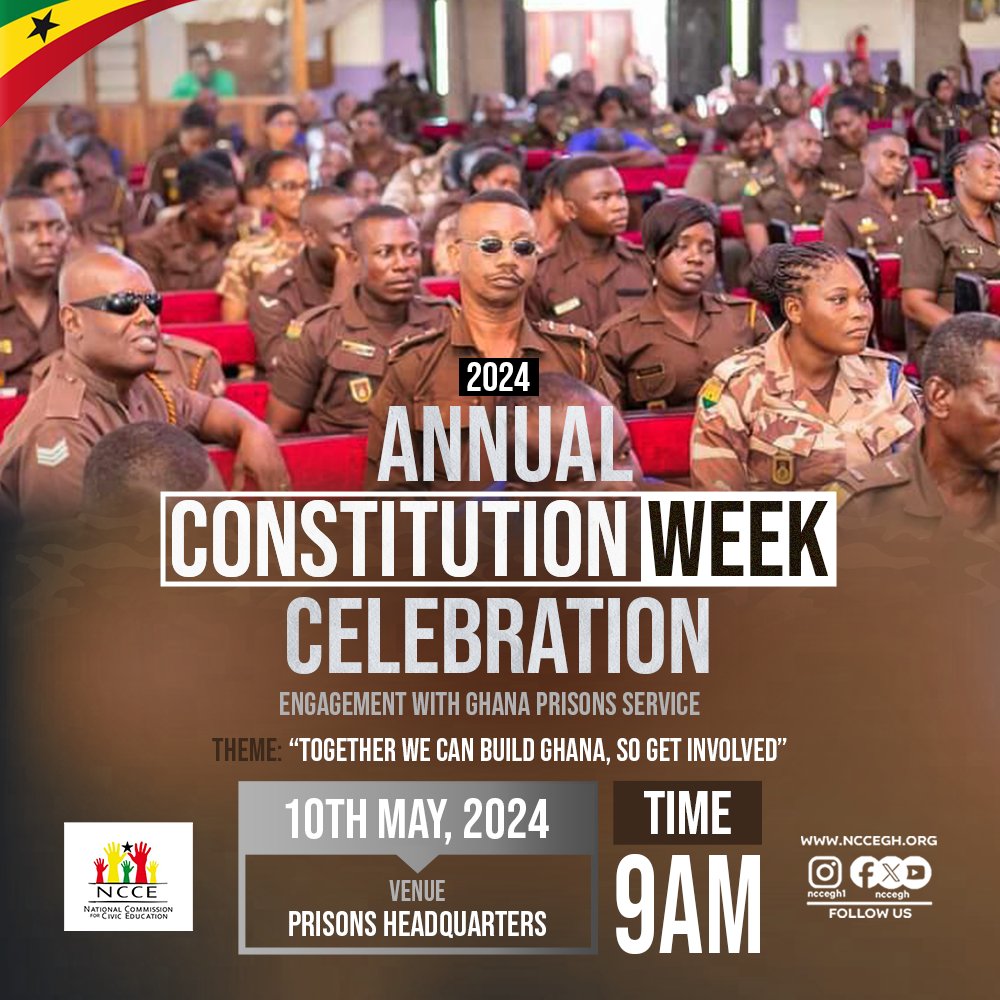 The #Ghana Prisons Service is our next host for the #NCCE's 2024 Annual #ConstitutionWeek Celebration.

Together with the Ghana #Prisons Service, we can build Ghana. @ghanaprisons @AtinkatvGhana
@gtnewseditor