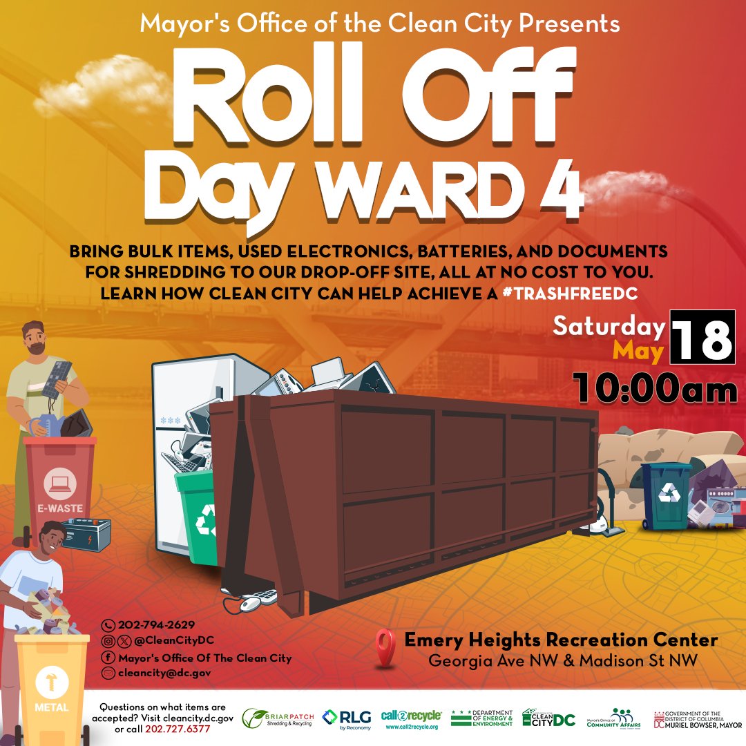 📣Roll Off Day is approaching!📣 Join us on Saturday, May 18th, at Madison St NW and Georgia Ave NW to safely dispose of bulk trash, used electronics, batteries, and shred those important documents. Let's keep our community clean and green!💚 #TrashfreeDC #DcValues