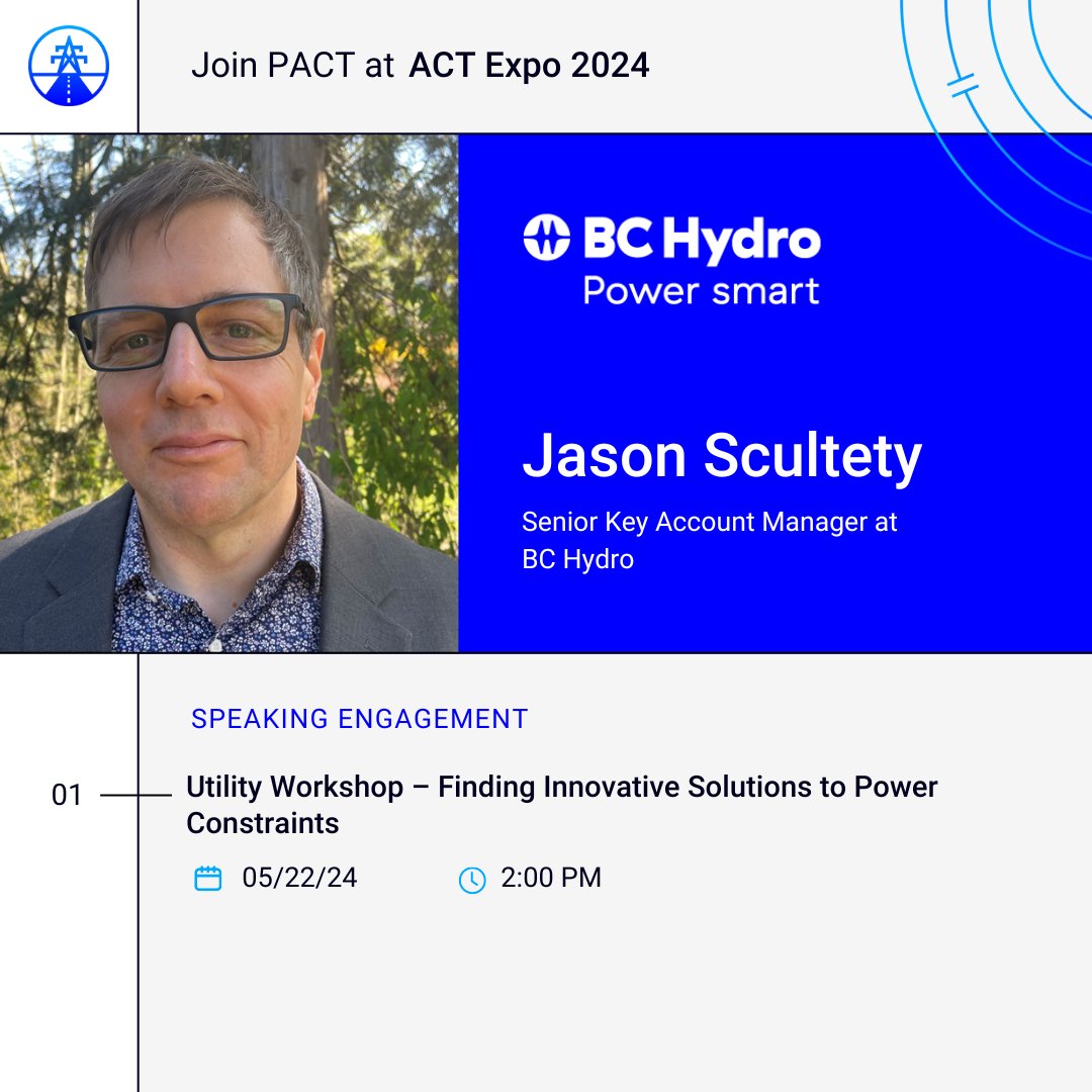 Heading to #ACTExpo in Las Vegas? Be sure to catch Jason Scultety, P.Eng., PMP from #PACTCoalition founding member <a href="/bchydro/">BC Hydro</a> at the Utility Workshop on May 22 at 2 pm. 🔌🚛 

#PACTatACT #ZEVInfrastructure