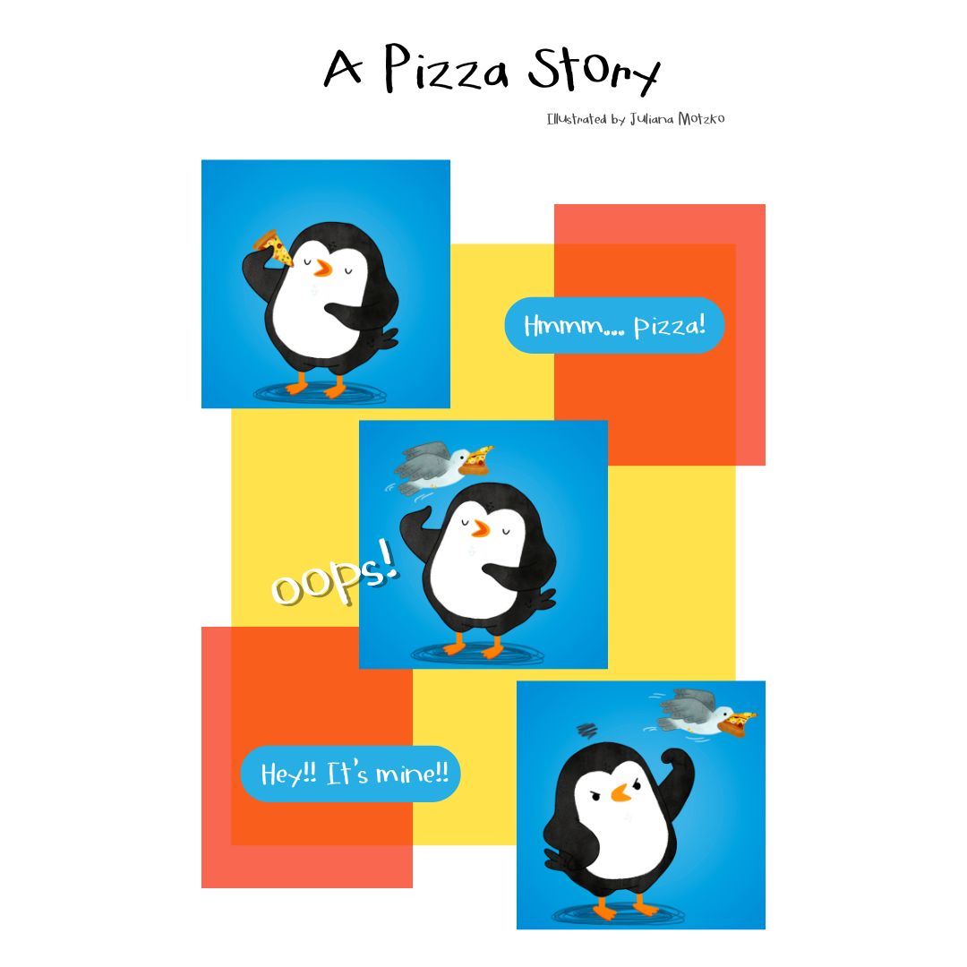 A Pizza Story. New design available in our stores. Order yours now! Link in Bio. #ThePenguinsFamily #penguin #Pizza #Humor #cute #PenguinsLife #life #cartoon #dailylife #illustrator #ilustracao #kidlitart #kidlitartist #插图师 #企鹅 #插画 #JulianaMotzko