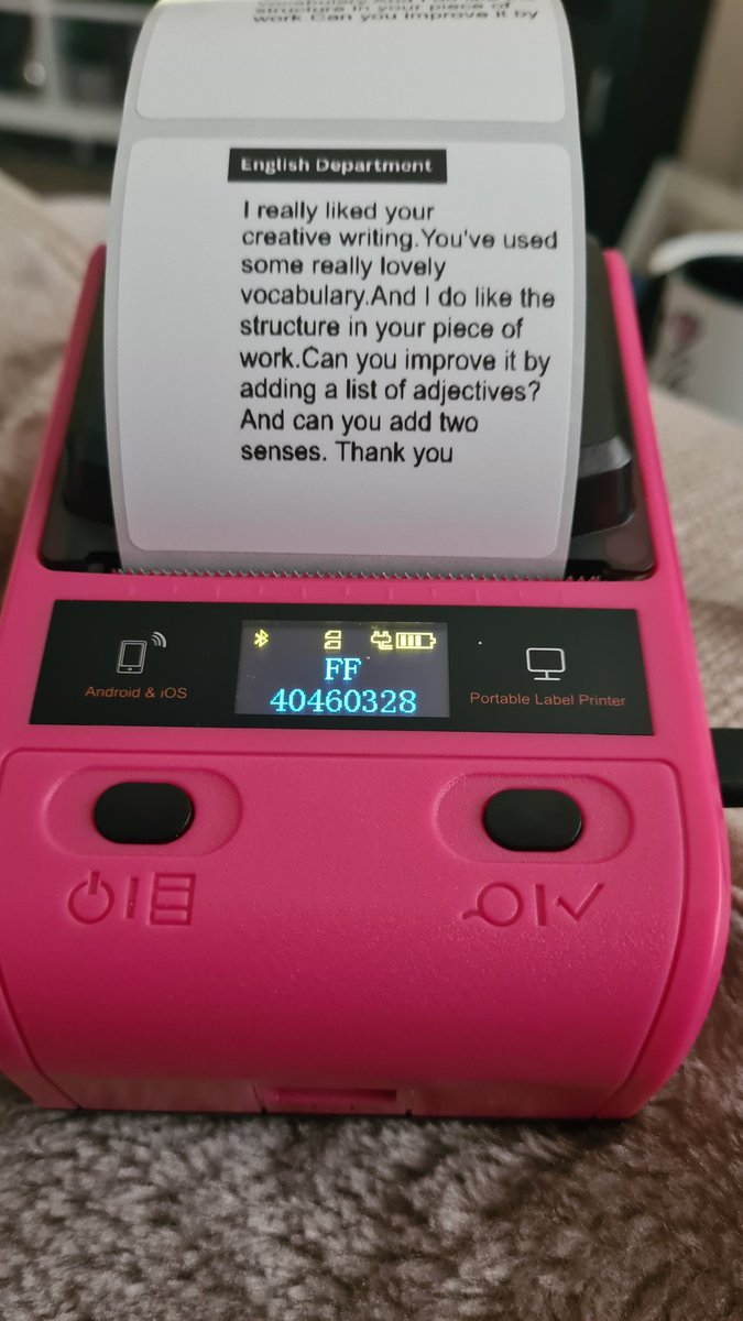 Over the last few months I keep getting pains down my thumb/hand when marking. Today I received my @TeacherFFB printer. Picture is a 'test' (so don't moan)! You dictate feedback into your phone and print label! I love it!!! 💘 @Team_English1