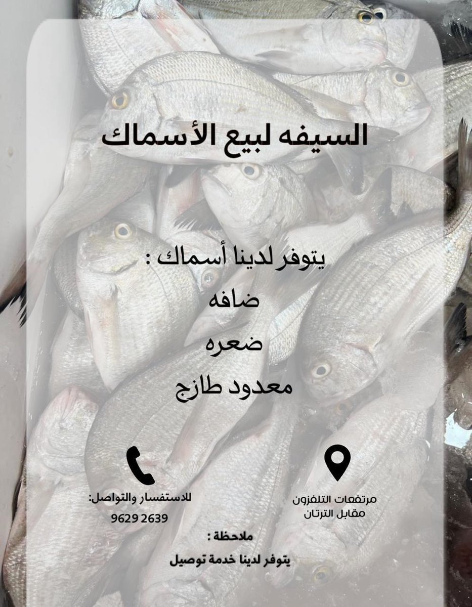 #إعلان_بيع_أسماك
▪︎ السيفه لبيع الأسماك 🐟
¤ يتوفر لدينا أسماك متنوعة طازجة بشكل يومي :
• ضافه
• ضعره
• معدود طازج
📍 ولاية صور : مرتفعات التلفزون مقابل الترتان
📞 للاستفسار والتواصل 96292639
ملاحظة : يتوفر لدينا خدمة توصيل 🚗