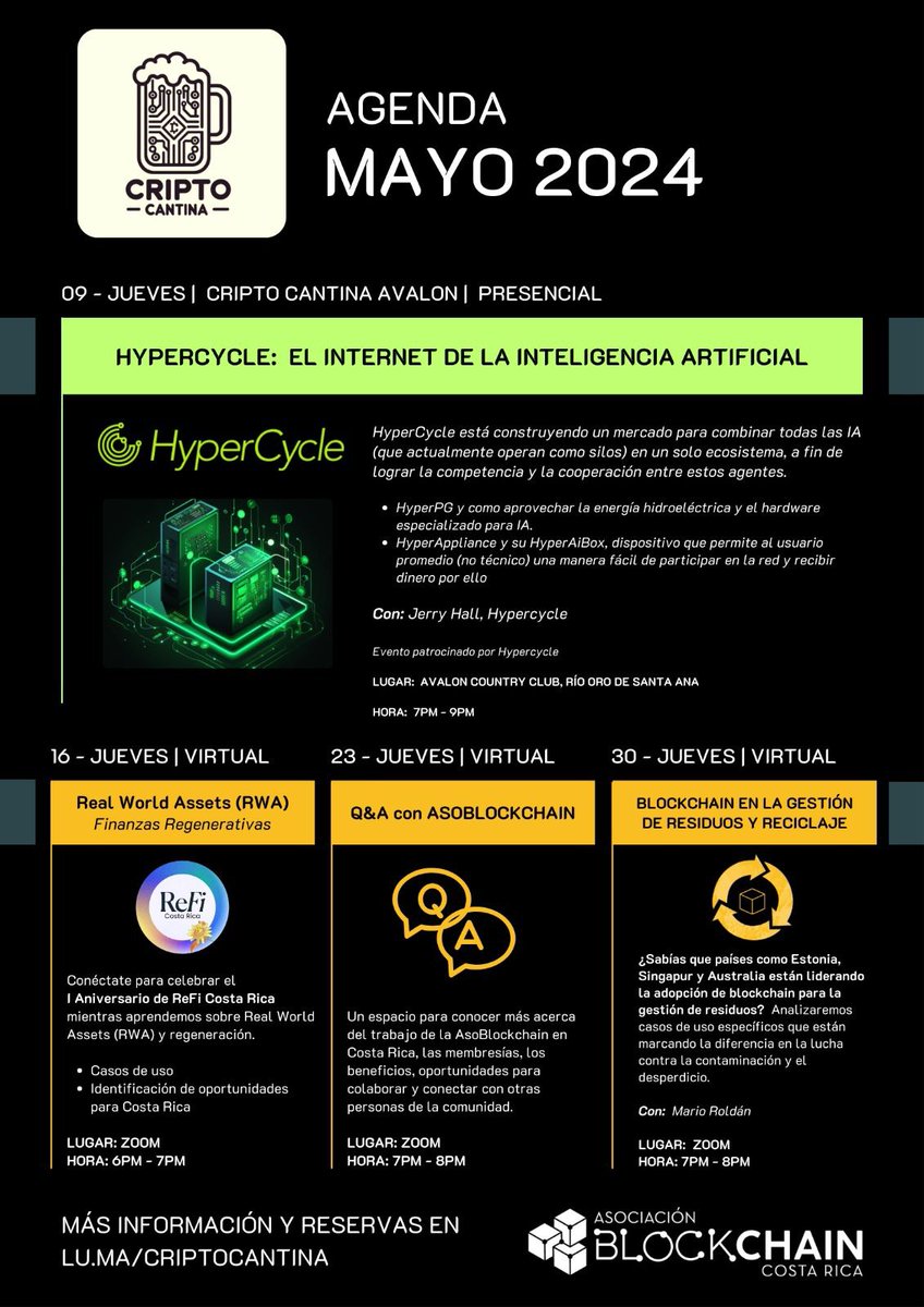 Hoy es Jueves de CriptoCantina🍻 
Estos eventos son educativos, abiertos al público y sin ánimo de lucro 👏👏 Aquí está el link para registrarse: lu.ma/criptocantina
También podés compartir la Agenda de mayo con tus contactos. Nos vemos!!