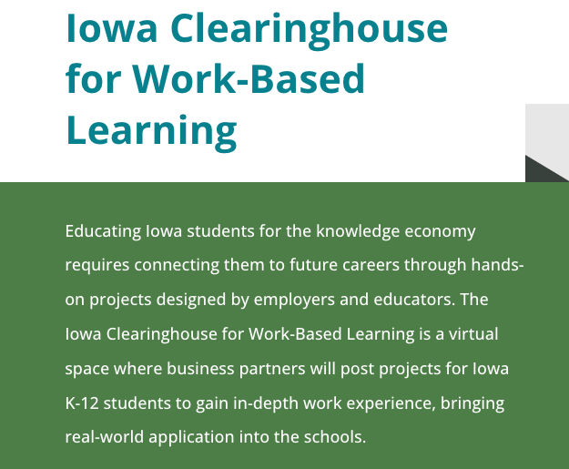 Attention Iowa Educators! Check out opportunities for your students today! 🔗 wbl.futurereadyiowa.gov/listings 
Made possible by businesses partners🙌New partners sign up at clearinghouse.futurereadyiowa.gov/business/ 
<a href="/IowaSTEM/">Iowa STEM</a> <a href="/IADeptofEd/">Iowa Department of Education</a> <a href="/iowaworkforce/">Iowa Workforce</a> <a href="/iowa_aea/">Iowa's AEAs</a> <a href="/AEAlearning/">AEA Learning Online</a> 
Questions? <a href="/Mrswilliams21c/">Laura Williams ✨</a> 👩‍💻