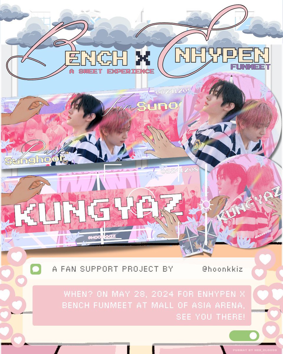 ENHYPEN × BENCH FUNMEET

fan support by @hoonkkiz 

• strictly 1:1 ratio (limited quantity)
• mbf, like and rt
• open for trades on d-day
• location (tba, will go private on d-day)

design by: @hee_cloudd 🫶🏻

#ASweetExperienceWithBENCH