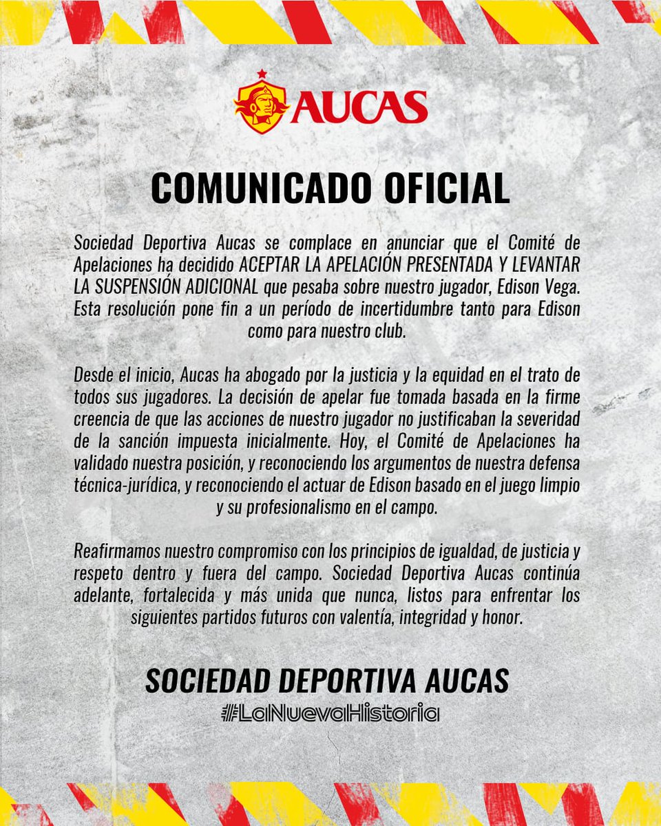 📌 ¡Atención! Comunicado oficial de #SDAucas sobre la apelación de la sanción del jugador Edison Vega.