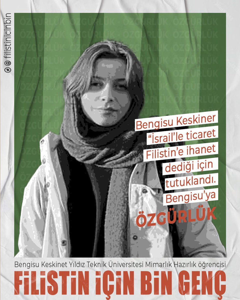 Tutuklamalar, hukuksuzluklar bizi caydıramaz! Yoldaşımız Bengisu, iktidarın ve sermayenin İsrail’le yaptığı işbirliğini teşhir ettiği eylemler nedeniyle tutuklandı! Arkadaşlarımızı geri alacağız! Yaşasın küresel intifada!✌🏽🇵🇸