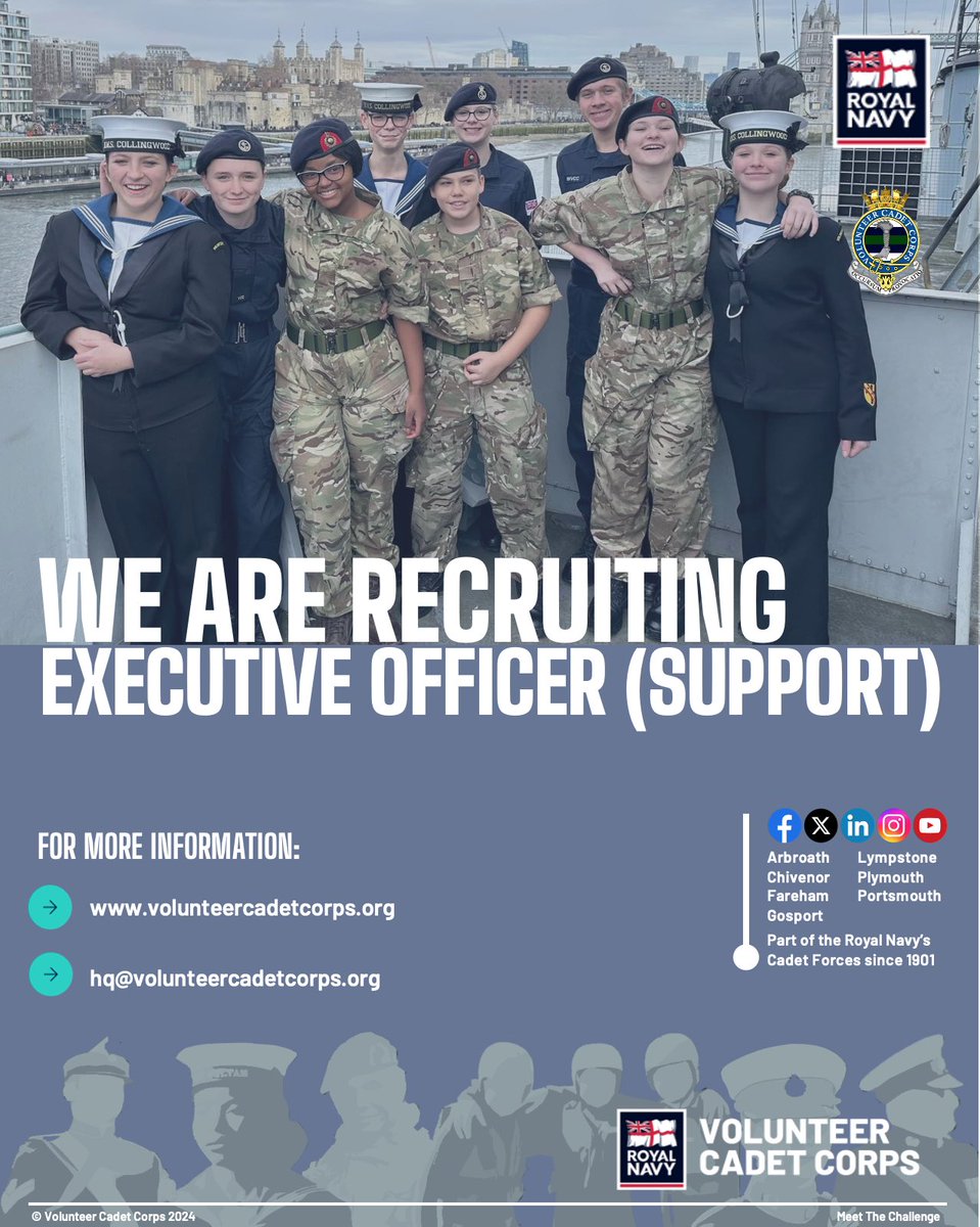 We are looking for an experienced uniformed cadet force adult volunteer, either from within the VCC or another UK cadet force to be the new Executive Officer (Support) in Headquarters VCC. More information can be found on our website ➡️ volunteercadetcorps.org/volunteer-vaca…