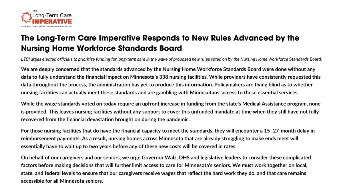 Minnesota long-term care leaders respond to today’s vote from the Nursing Home Workforce Standards Board. We urge <a href="/GovTimWalz/">Governor Tim Walz</a>, <a href="/MinnesotaDHS/">MN Department of Human Services</a> and #MNleg leaders to safeguard access to care for all MN seniors by taking action to fund these proposed rules.