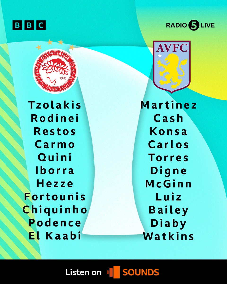 Team News from Piraeus 👇 🇬🇷 - Olympiakos make one change from the first leg as Quini replaces Ortega. 🏴󠁧󠁢󠁥󠁮󠁧󠁿 - Unai Emery names five defenders, Emi Martinez returns to the starting XI. #BBCFootball #AVFC #UECL