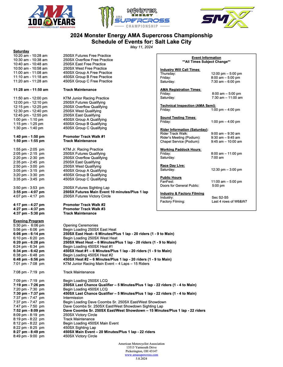 Salt Lake City Supercross race day schedule. #Supercross #SupercrossLIVE #SX2024 #SuperMotocross #SMX2024