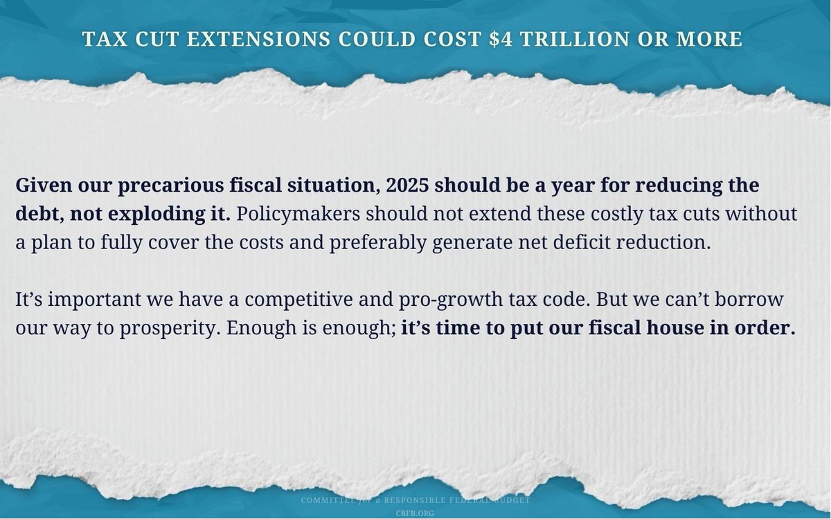 🚨 According to new @jctgov estimates published by @USCBO, extending the expiring or changing elements of the TCJA could add $4 trillion to the deficit, plus interest, through 2034. Extending the expanded ACA health insurance subsidies and other expiring tax provisions could add…