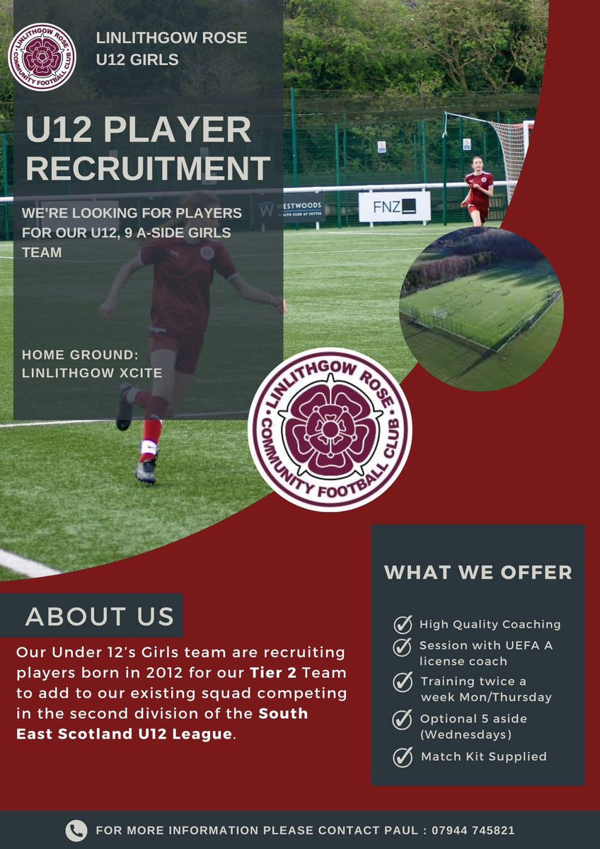 Recruitment YOUTH | Linlithgow Rose Girls 12s 9 a side Interested/more information ☎️ Paul: 07944 - 745821 #Jax_Mc_Media #GlobalSportsRelations