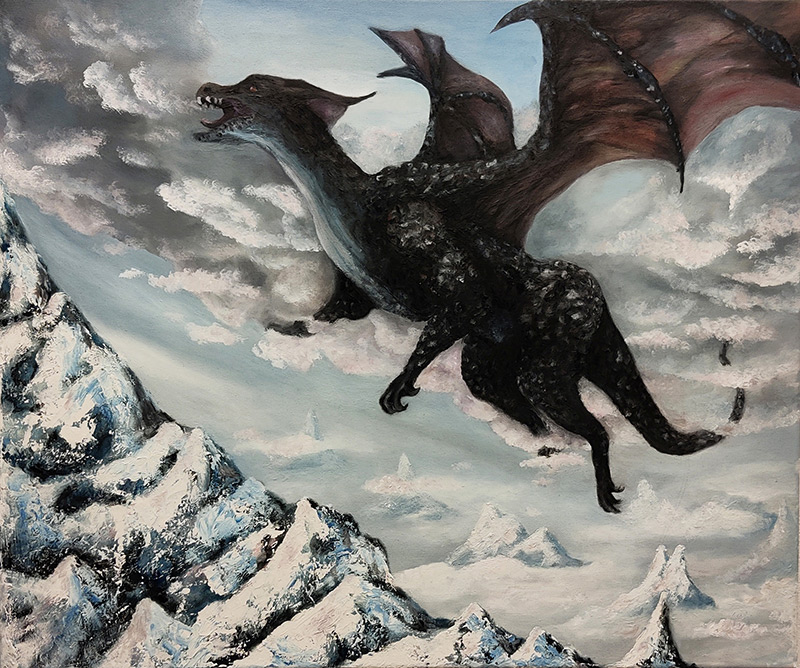 'The Lonely Dragon', an oil painting on canvas, artist: Luna Smith. #mountains #winter #fantasy #norse #norsemyths luartgallery.com/art/TheLonelyD…