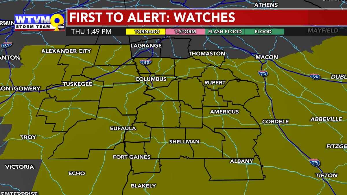 UPDATE 1:55 PM ET : Here's the updated counties under a Tornado Watch for today until 5PM/4PM CT which includes almost all of WTVM area. All of the concerns remain the same. This is still more of a wind and hail threat, but an isolated tornado or two is still possible.